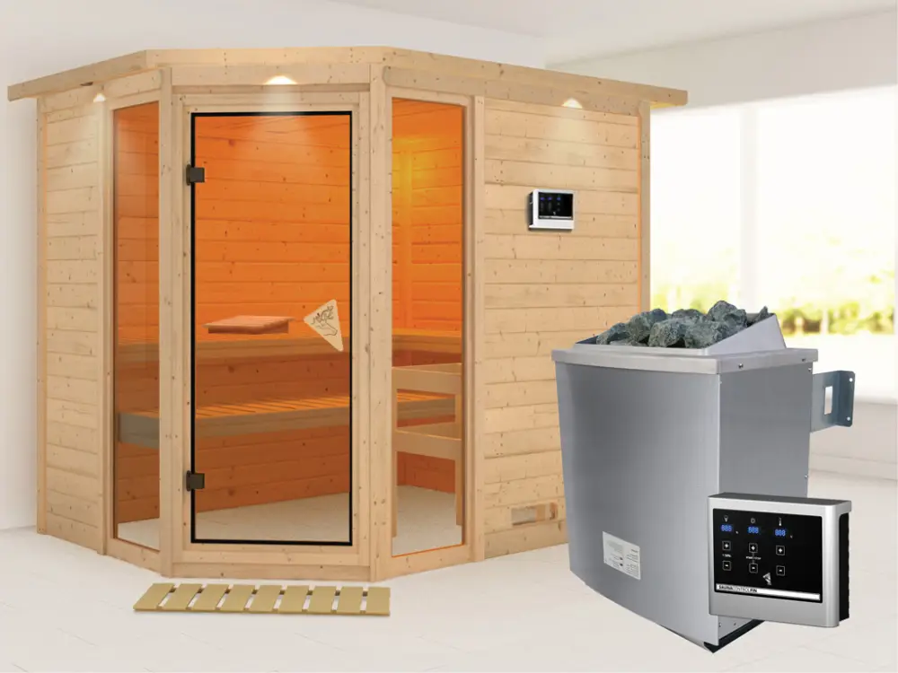 Bestseller Massieve sauna Sinai 3 met dakkraag, incl. 9 kW saunakachel ext. besturing