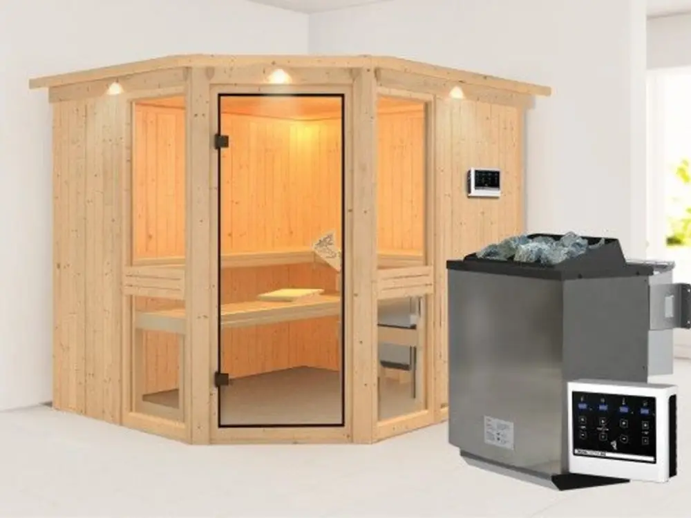 Alleen Vandaag Systeemsauna Amelia 3 met dakkraag, incl. 9 kW Bio-Combi-kachel ext. besturing
