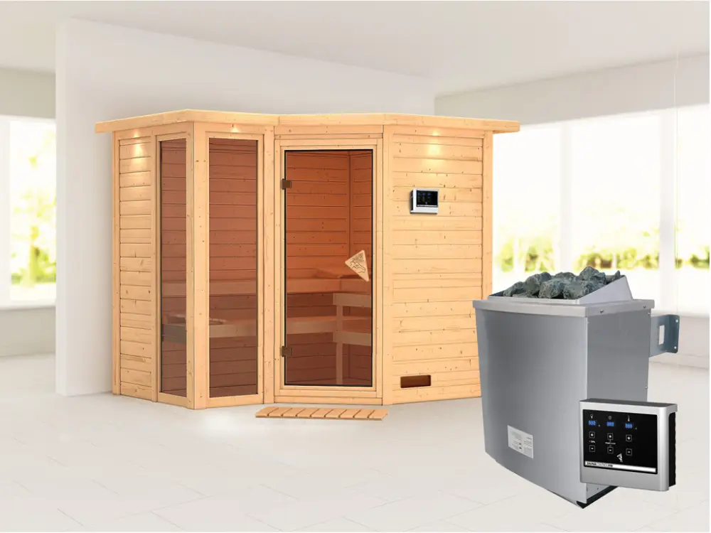 Koop Online Massieve sauna Amara met dakkraag incl. 9 kW saunakachel ext. besturing
