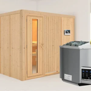 Systeemsauna Gobin houten deur met geïsoleerd glas, incl. 9 kW Bio-Combi-kachel ext. besturing Hoge Kwaliteit