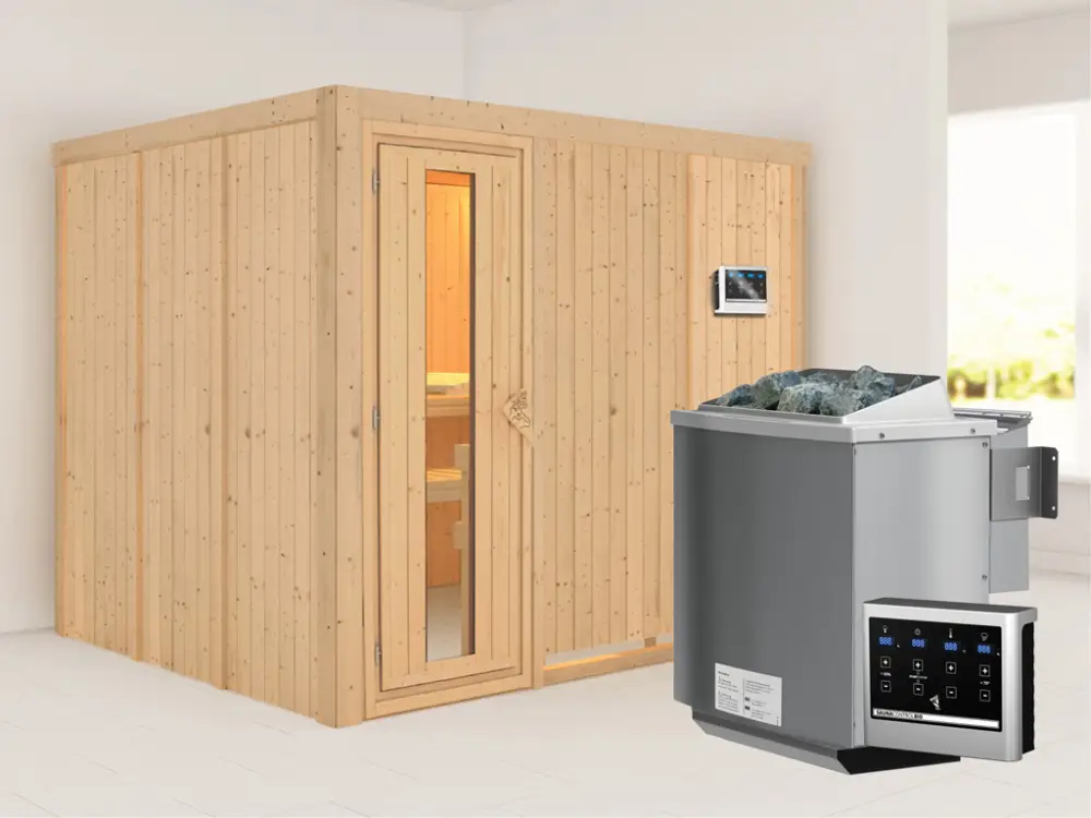 Systeemsauna Gobin houten deur met geïsoleerd glas, incl. 9 kW Bio-Combi-kachel ext. besturing Hoge Kwaliteit