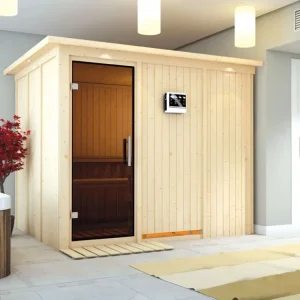Nu Kopen Systeemsauna Gobin met dakkraag, grafiet glazen deur, incl. 9 kW Bio-Combi-kachel ext. besturing