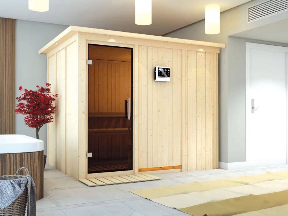 Nu Kopen Systeemsauna Gobin met dakkraag, grafiet glazen deur, incl. 9 kW Bio-Combi-kachel ext. besturing