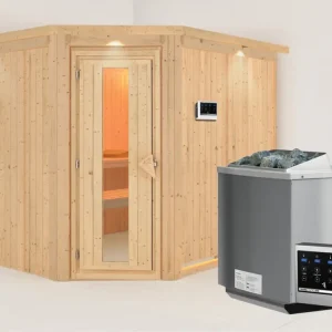 Systeemsauna Malin met dakkraag, houten deur met geïsoleerd glas, incl. 9kW Bio-Combi-kachel Beperkt Aanbod