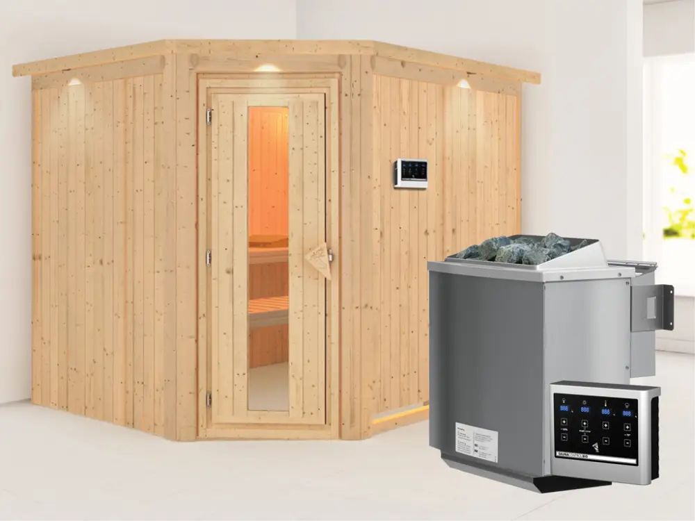 Systeemsauna Malin met dakkraag, houten deur met geïsoleerd glas, incl. 9kW Bio-Combi-kachel Beperkt Aanbod