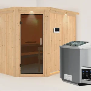 Systeemsauna Malin met dakkraag, grafiet glazen deur, incl. 9 kW Bio-Combi-kachel ext. besturing Lage Kosten