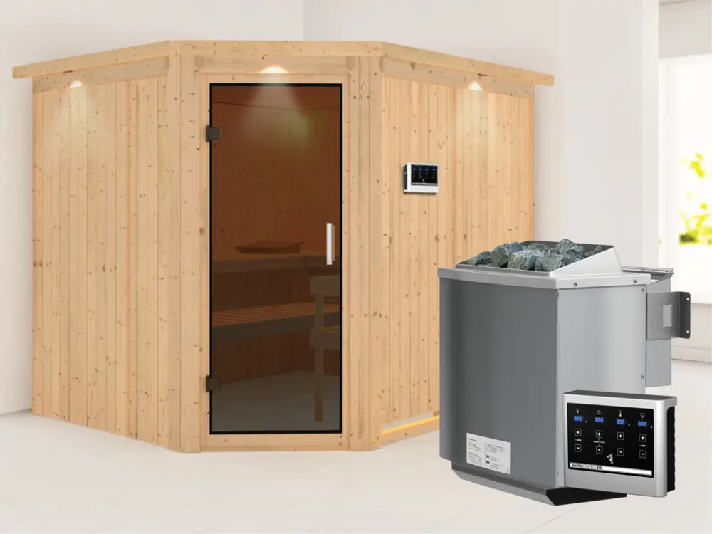 Systeemsauna Malin met dakkraag, grafiet glazen deur, incl. 9 kW Bio-Combi-kachel ext. besturing Lage Kosten