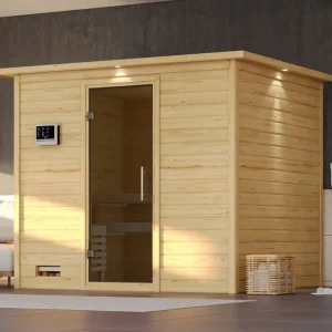 Merkproduct Massieve sauna Sonara met dakkraag, grafiet glazen deur, incl. 9 kW Bio-Combi-kachel ext. besturing