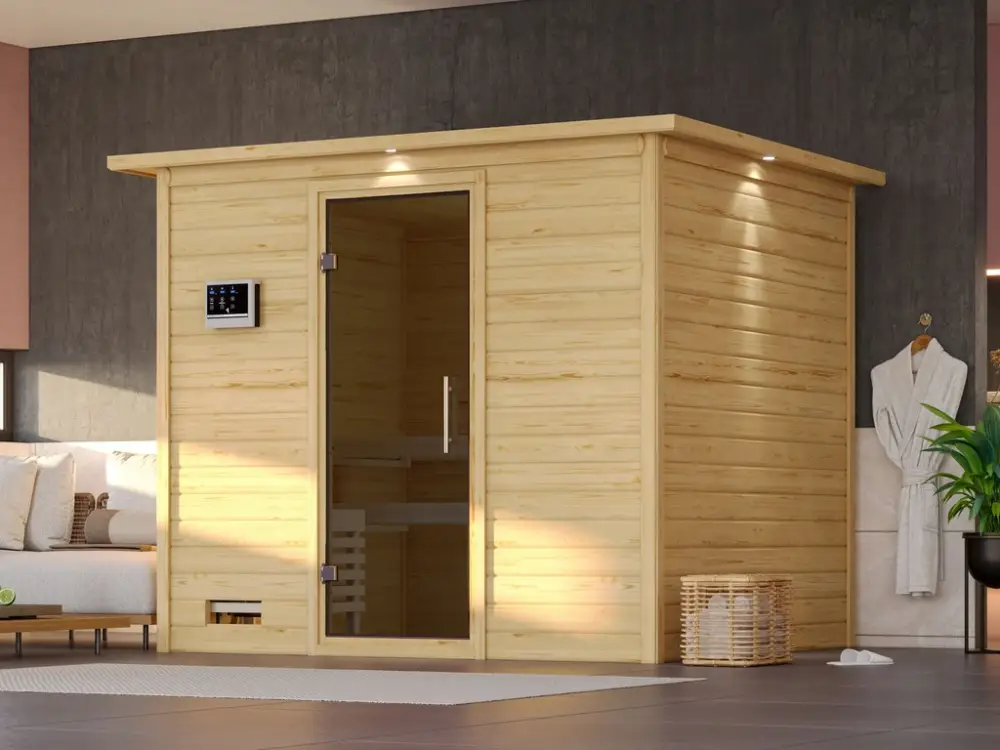 Merkproduct Massieve sauna Sonara met dakkraag, grafiet glazen deur, incl. 9 kW Bio-Combi-kachel ext. besturing