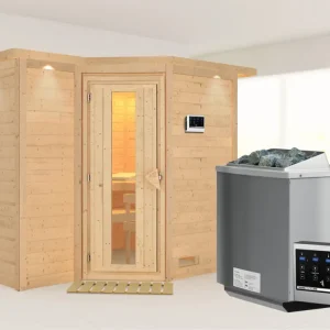 Premium Massieve sauna Sahib 2 met dakkraag, houten deur met geïsoleerd glas, incl. 9kW Bio-kachel