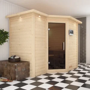 Massieve sauna Sahib 2 met dakkraag, grafiet glazen deur, incl. 9 kW Bio-kachel ext. besturing Aanbieding