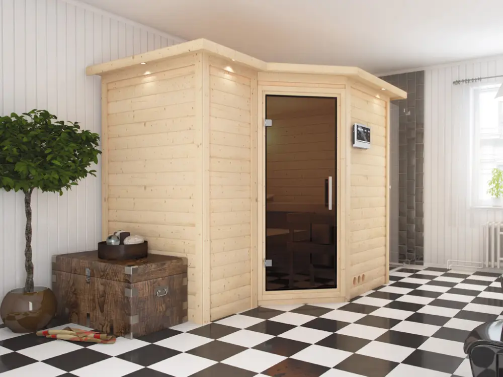Massieve sauna Sahib 2 met dakkraag, grafiet glazen deur, incl. 9 kW Bio-kachel ext. besturing Aanbieding
