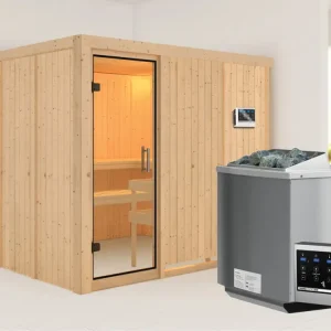 Op = Op Systeemsauna Gobin transparent glazen deur + 9 kW Bio-Combi-kachel met ext. besturing