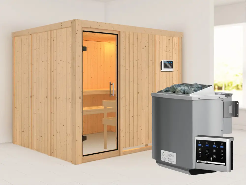 Op = Op Systeemsauna Gobin transparent glazen deur + 9 kW Bio-Combi-kachel met ext. besturing