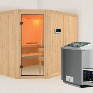 Laatste Versie Systeemsauna Malin transparent glazen deur + 9 kW Bio-Combi-kachel met ext. besturing