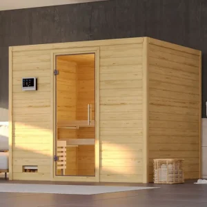 Massieve sauna Sonara transparent glazen deur + 9 kW Bio-Combi-kachel met ext. besturing Tijdelijk Beschikbaar