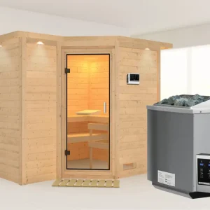 Favoriet Massieve sauna Sahib 2 met dakkraag, transparent glazen deur+9kW Bio-Combi-kachel met ext.besturing