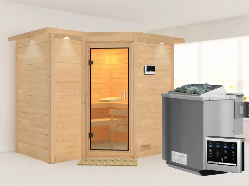 Favoriet Massieve sauna Sahib 2 met dakkraag, transparent glazen deur+9kW Bio-Combi-kachel met ext.besturing