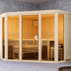 Sauna Alcinda met gebronsde glazen deur + 9 kW saunakachel int. besturing Goedkoop