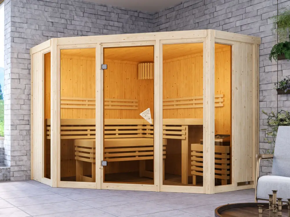 Sauna Alcinda met gebronsde glazen deur + 9 kW saunakachel int. besturing Goedkoop