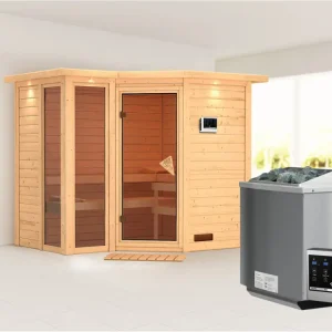 Massieve sauna Amara met dakkraag incl. 9 kW Bio-Combi-kachel ext. besturing Betrouwbaar