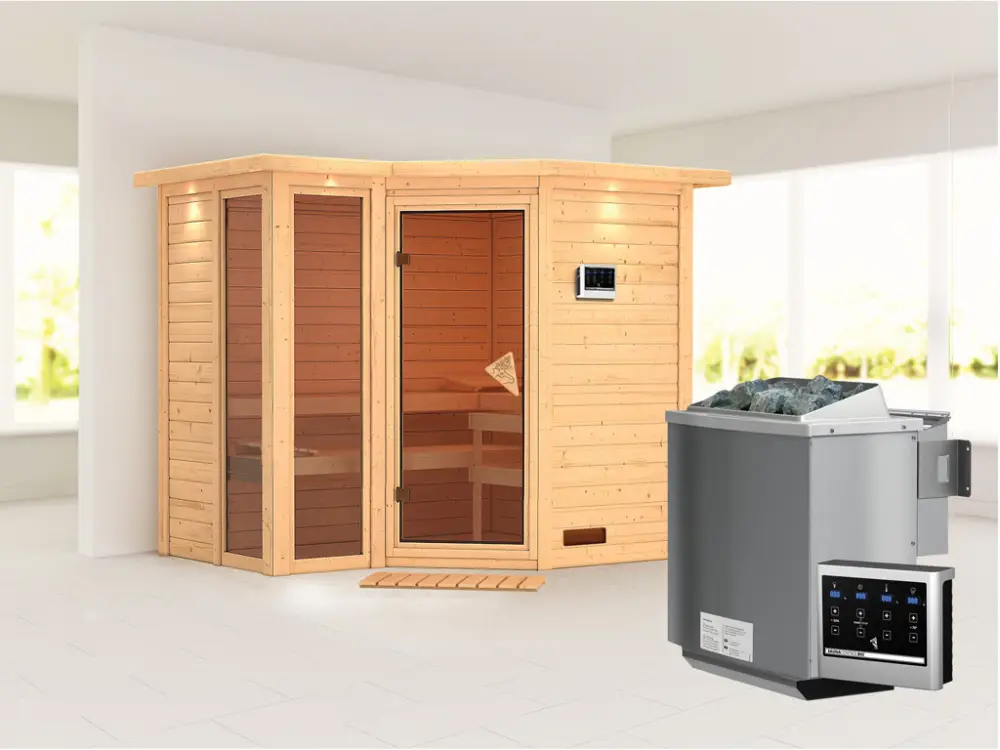 Massieve sauna Amara met dakkraag incl. 9 kW Bio-Combi-kachel ext. besturing Betrouwbaar