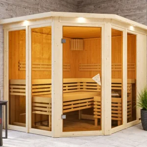 Finale Uitverkoop Sauna Ainur met gebronsde glazen deur en dakkraag + 9 kW saunakachel int. besturing