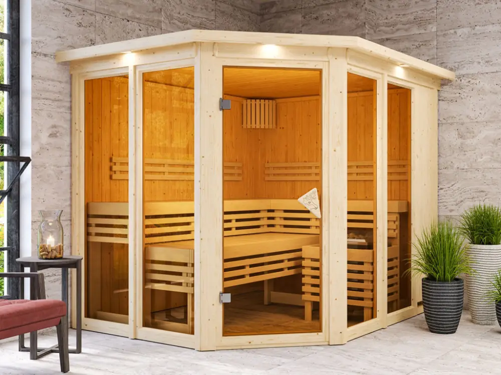 Finale Uitverkoop Sauna Ainur met gebronsde glazen deur en dakkraag + 9 kW saunakachel int. besturing