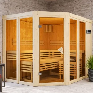 Sauna Ainur met gebronsde glazen deur + 9 kW Bio-Combi-kachel met ext. besturing Actieprijs