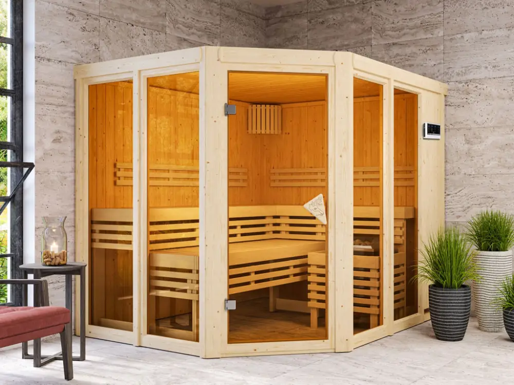 Sauna Ainur met gebronsde glazen deur + 9 kW Bio-Combi-kachel met ext. besturing Actieprijs