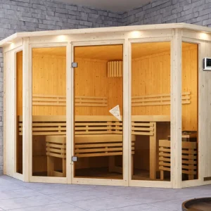 Dagaanbieding Sauna Alcinda met gebronsde glazen deur en dakkraag + 9 kW saunakachel ext. besturing