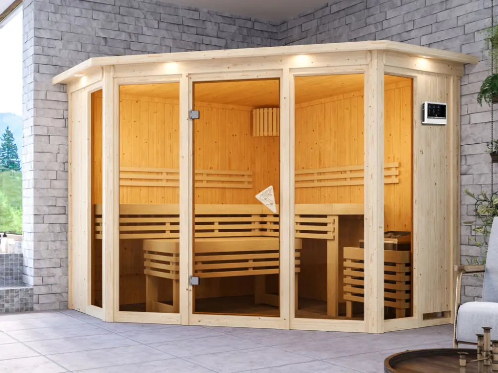 Dagaanbieding Sauna Alcinda met gebronsde glazen deur en dakkraag + 9 kW saunakachel ext. besturing