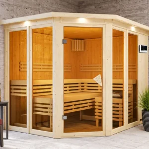 Voordeelprijs Sauna Ainur met gebronsde glazen deur en dakkraag + 9 kW Bio-Combi-kachel met ext. besturing