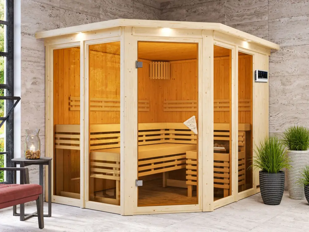 Voordeelprijs Sauna Ainur met gebronsde glazen deur en dakkraag + 9 kW Bio-Combi-kachel met ext. besturing
