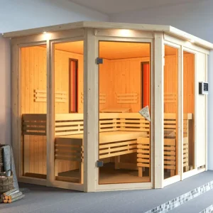 Multifunktionssauna Ava met gebronsde glazen deur en dakkraag + 9 kW saunakachel ext. besturing Fabrieksprijs