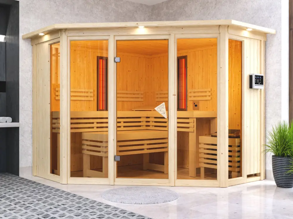 Dagaanbieding Multifunktionssauna Asta met gebronsde glazen deur en dakkraag + 9 kW saunakachel ext. besturing