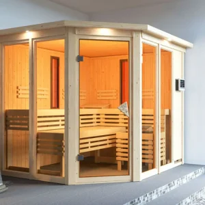 Multifunktionssauna Ava met gebronsde glazen deur en dakkraag + 9 kW Bio-Combi-kachel ext. besturing Premium