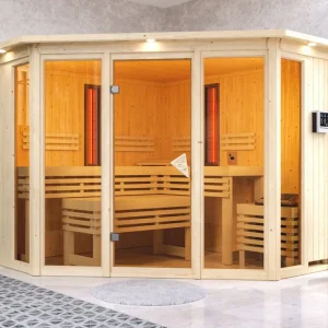 Gereduceerde Prijs Multifunktionssauna Asta met gebronsde glazen deur en dakkraag + 9kW Bio-Combi-kachel ext. besturing
