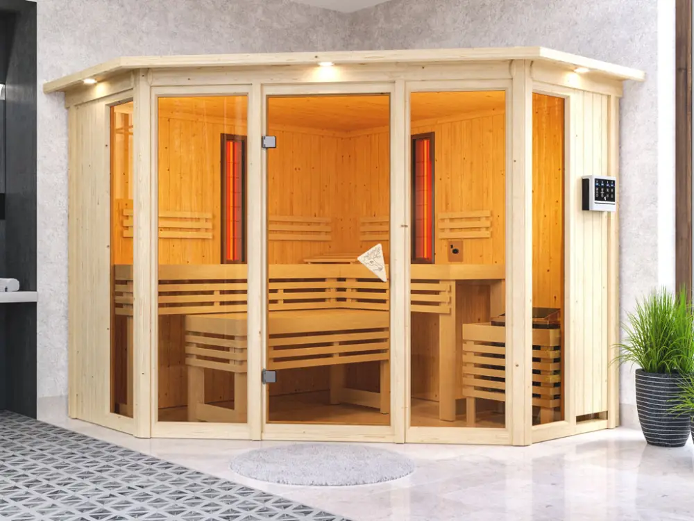 Gereduceerde Prijs Multifunktionssauna Asta met gebronsde glazen deur en dakkraag + 9kW Bio-Combi-kachel ext. besturing