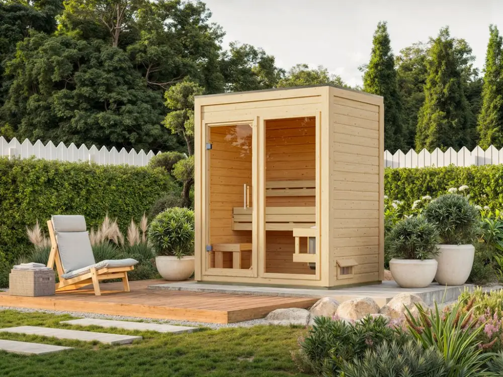 Voordeelset buitensauna View natur met 9 kW saunakachel en externe besturing Koop Online