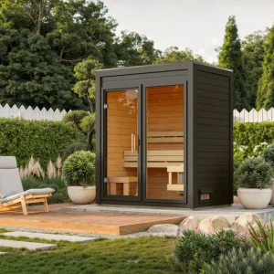 Beperkte Voorraad Voordeelset buitensauna View terragrijs met 9 kW saunakachel en externe besturing
