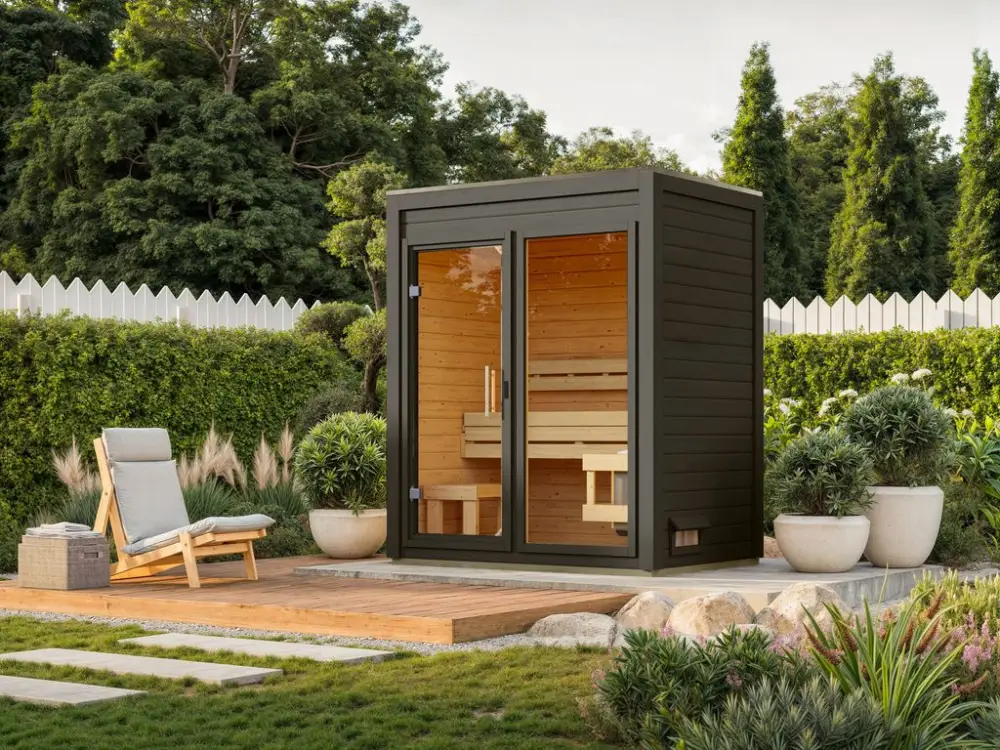 Beperkte Voorraad Voordeelset buitensauna View terragrijs met 9 kW saunakachel en externe besturing