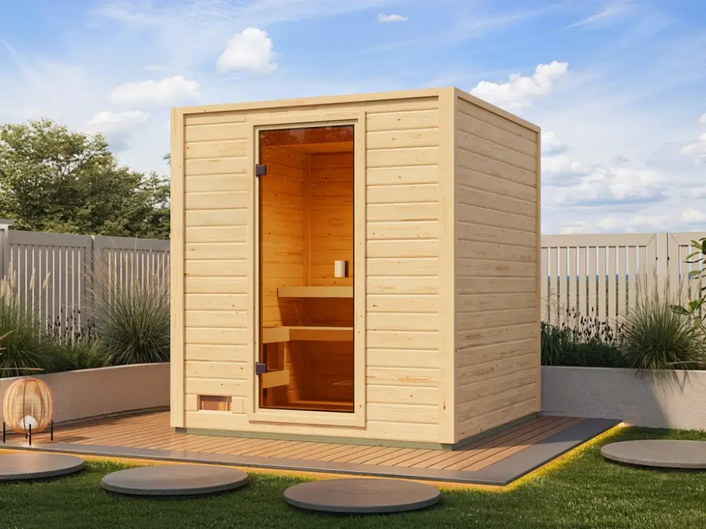 Voordeelset buitensauna Lenchen 2 naturel met 9 kW bio-combikachel en externe besturing Lage Kosten