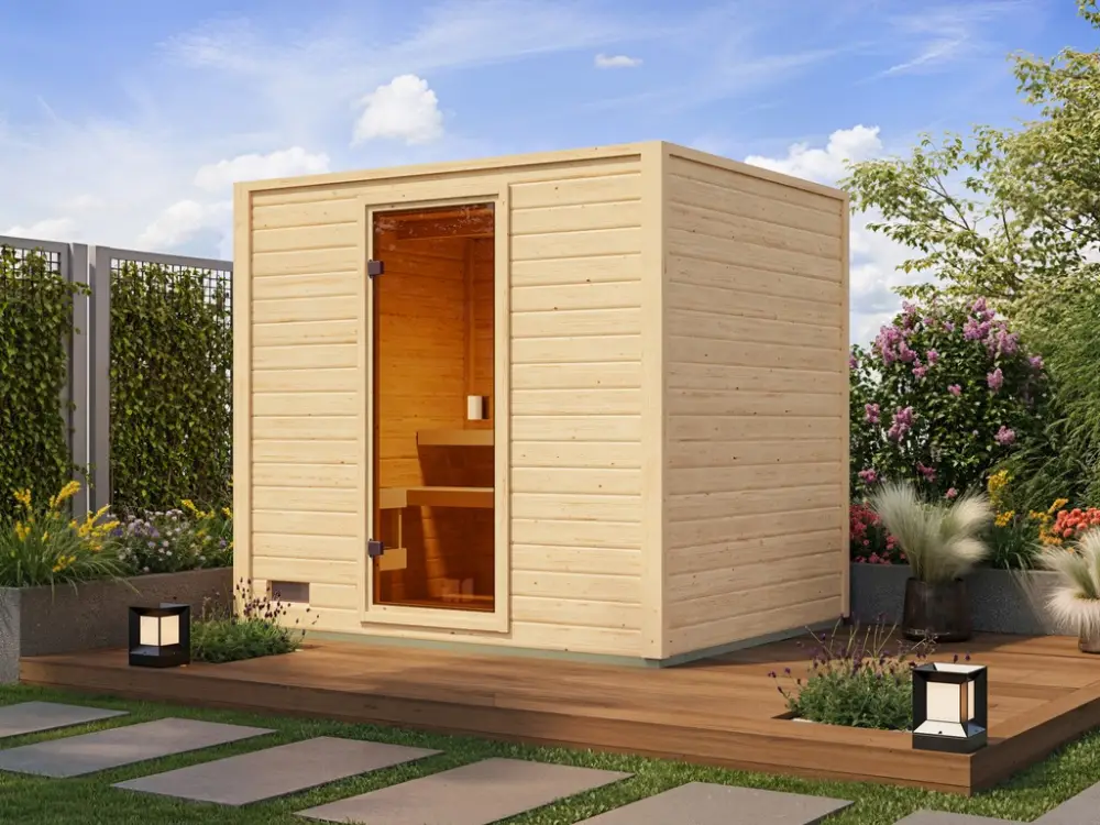 Finale Uitverkoop Voordeelset buitensauna Lenchen 3 naturel met 9 kW bio-combikachel en externe besturing