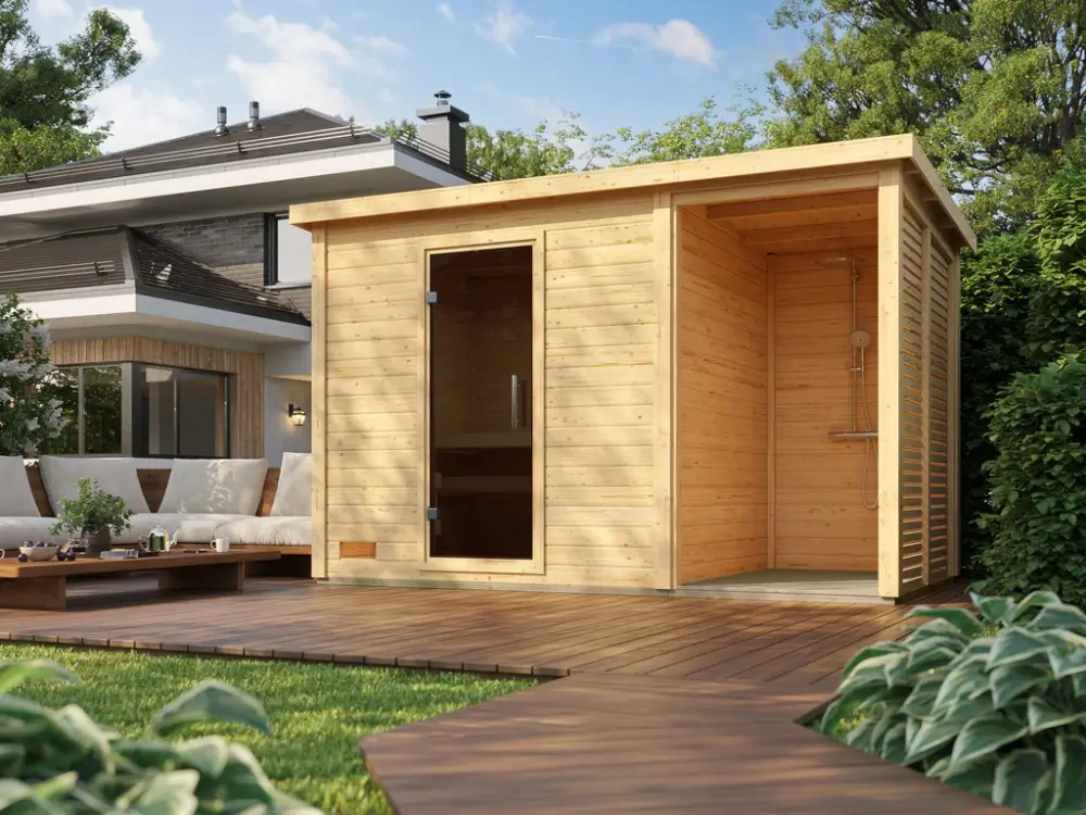 Voordeelset buitensauna Lene 3 incl. 9 kW saunakachel met externe besturing Meest Verkocht