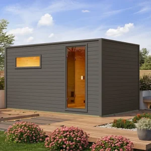 Voordeelset buitensauna Lenchen 6 terragrau met saunakachel en externe besturing, 9 kW Flitsaanbieding