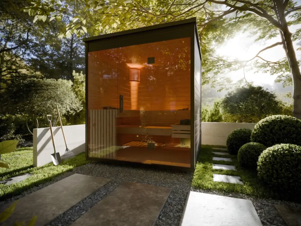 Tuinsauna Lilly zwart SPARSET 9 kW bio-kachel en externe bediening. Finale Uitverkoop