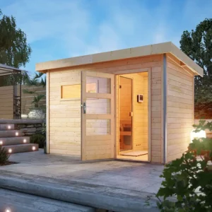 Saunahuis Skrollan 1 met transparente glazen deur & voorkamer Speciale Aanbieding