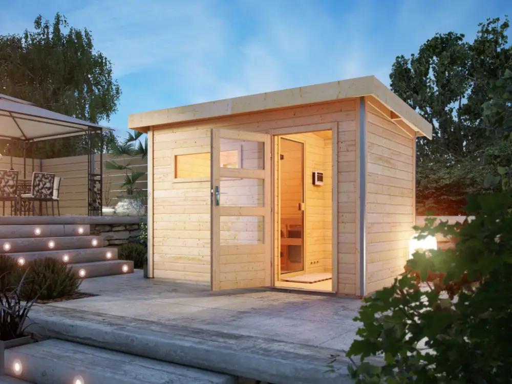 Saunahuis Skrollan 1 met transparente glazen deur & voorkamer Speciale Aanbieding
