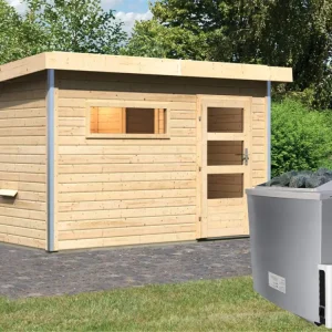 Saunahuis Skrollan 1 met transparente glazen deur & voorkamer, incl. 9kW saunakachel ext. besturing Bestel Nu